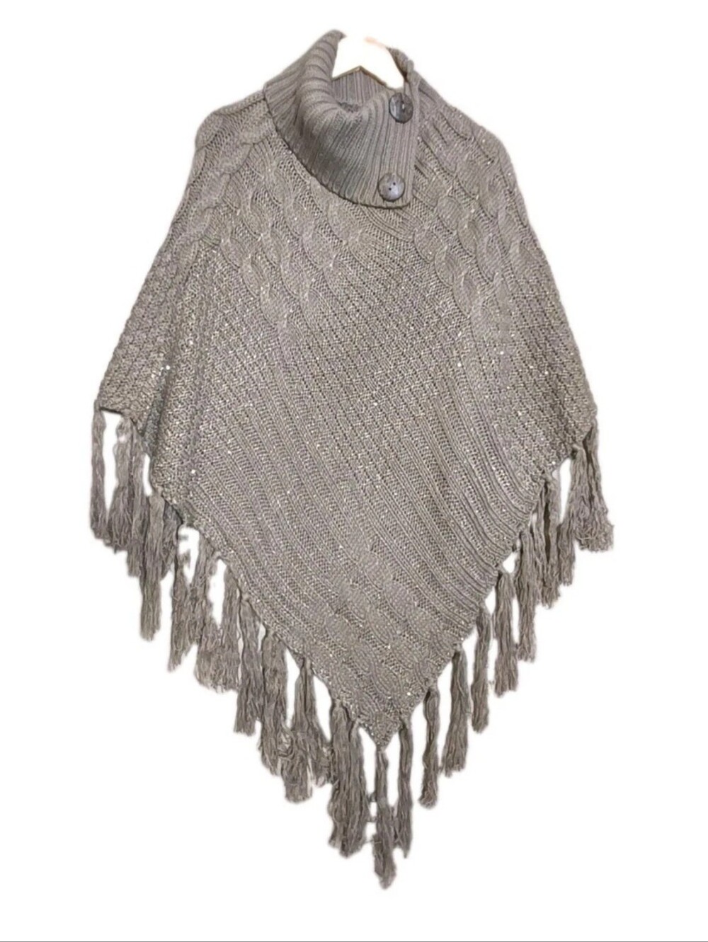 Nanette Lepore Cable Knit Poncho Cape Fringe Cowl Neck Sequin Boho